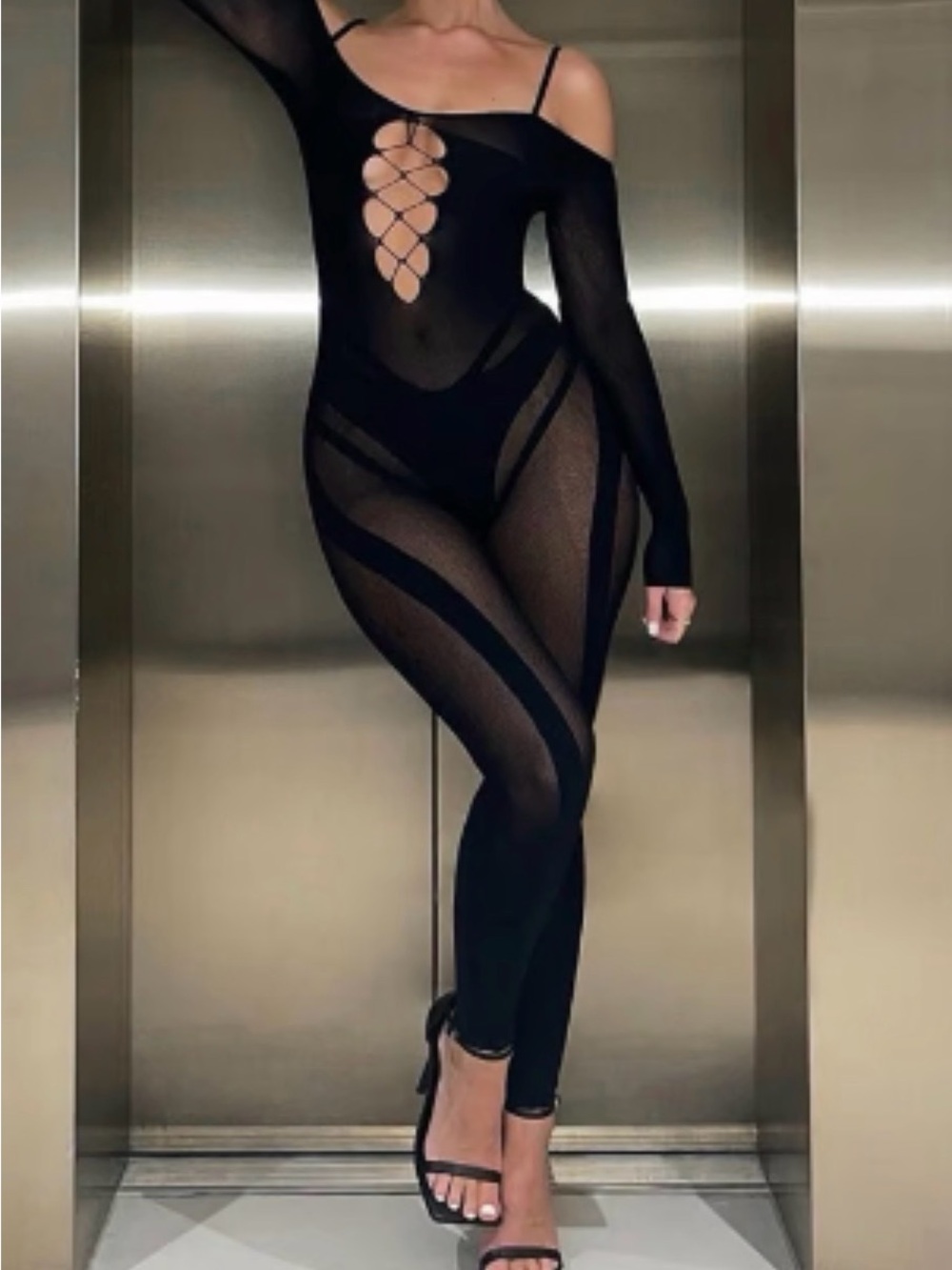 White Fox Boutique Black One-Shoulder Sheer Cutout Jumpsuit